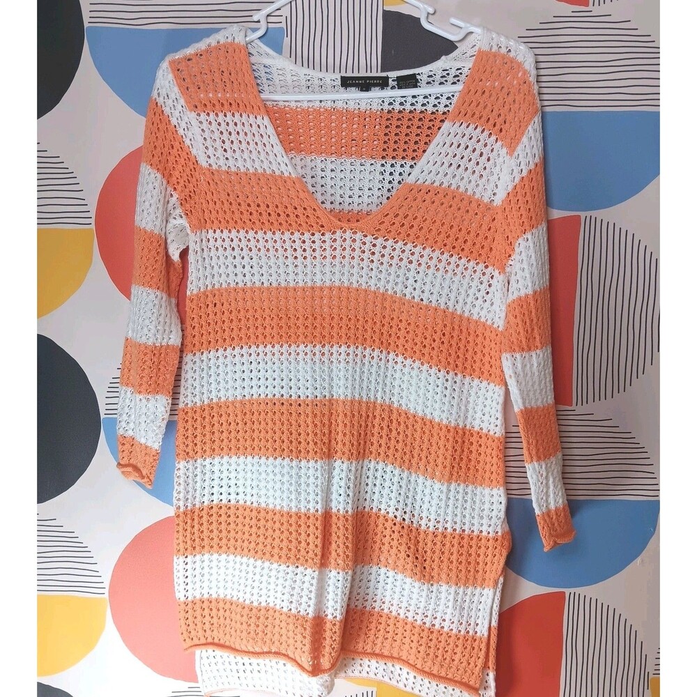 Jeanne Pierre Open Knit Striped Tunic Cover-up Sweater Casual Beach Dress Sz S